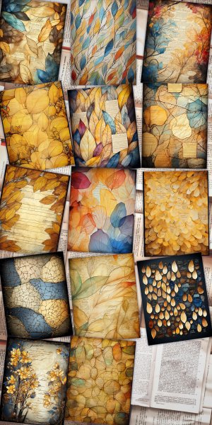 14 pages of Stained Glass Golden Leaves shabby chic ephemera scrapbooking background, perfect for invitations, digital planners, journaling