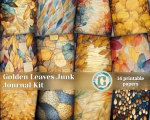 14 pages of Stained Glass Golden Leaves shabby chic ephemera scrapbooking background, perfect for invitations, digital planners, journaling