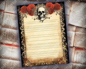 Printable Lined Page with Gothic Skulls Border | Junk Journal, Invitations, Digital Planners | Grzegorz Domaradzki Inspired Design