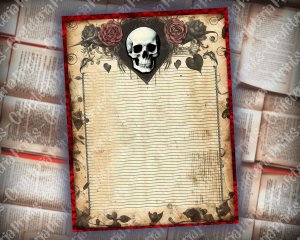 Printable Lined Page with Gothic Skulls Border | Junk Journal, Invitations, Digital Planners | Grzegorz Domaradzki Inspired Design