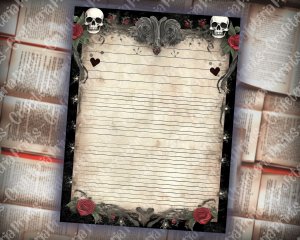 Printable Lined Page with Gothic Skulls Border | Junk Journal, Invitations, Digital Planners | Grzegorz Domaradzki Inspired Design