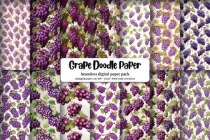 Digital Grape Clipart, Doodle Style Watercolor Illustration, Seamless Texture with Big Elements, Light Background, High Quality Design