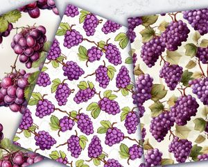 Digital Grape Clipart, Doodle Style Watercolor Illustration, Seamless Texture with Big Elements, Light Background, High Quality Design