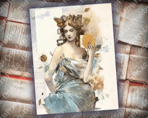 Digital Papers for Junk Journals - Junk Journal Page with Watercolor Illustration of Greek Goddess Artemis, Ancient Greek Mythology Scene