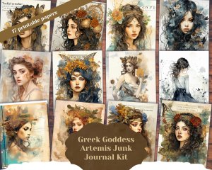 Digital Papers for Junk Journals - Junk Journal Page with Watercolor Illustration of Greek Goddess Artemis, Ancient Greek Mythology Scene