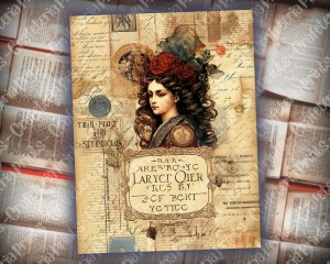 Junk Journal Page with Watercolor Greek Goddess Artemis, Digital Papers for Invitations, Journaling, Junk Journals - Shabby Chic Ephemera