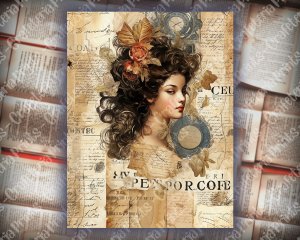 Junk Journal Page with Watercolor Greek Goddess Artemis, Digital Papers for Invitations, Journaling, Junk Journals - Shabby Chic Ephemera