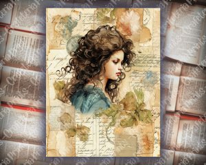 Junk Journal Page with Watercolor Greek Goddess Artemis, Digital Papers for Invitations, Journaling, Junk Journals - Shabby Chic Ephemera