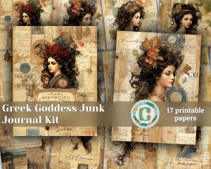 Junk Journal Page with Watercolor Greek Goddess Artemis, Digital Papers for Invitations, Journaling, Junk Journals - Shabby Chic Ephemera