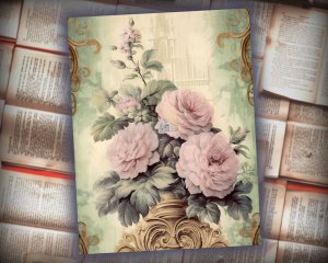 16 papers | Elegant Baroque Pastel Green and Gold Flourish Scrapbooking Papers, Rose Detailed Vertical Striped and Ornate Backdrops