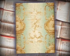 16 papers | Elegant Baroque Pastel Green and Gold Flourish Scrapbooking Papers, Rose Detailed Vertical Striped and Ornate Backdrops