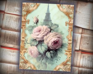 16 papers | Elegant Baroque Pastel Green and Gold Flourish Scrapbooking Papers, Rose Detailed Vertical Striped and Ornate Backdrops