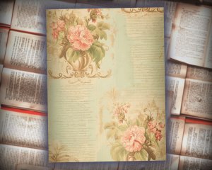 16 papers | Elegant Baroque Pastel Green and Gold Flourish Scrapbooking Papers, Rose Detailed Vertical Striped and Ornate Backdrops