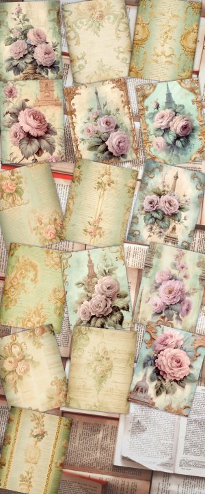 16 papers | Elegant Baroque Pastel Green and Gold Flourish Scrapbooking Papers, Rose Detailed Vertical Striped and Ornate Backdrops