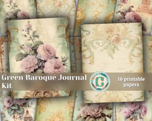 16 papers | Elegant Baroque Pastel Green and Gold Flourish Scrapbooking Papers, Rose Detailed Vertical Striped and Ornate Backdrops