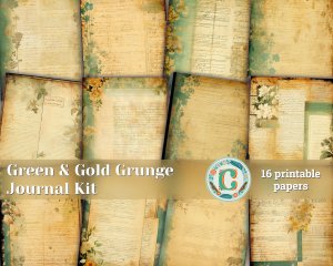 16 papers | Green and Gold Grunge Junk Journal Kit, Neutral Shabby Chic Printable Papers for Scrapbooking, Distressed Vintage Floral Designs