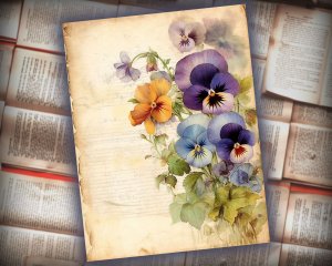 12 papers | Grunge Scrapbooking Paper with Narrow Pansy Garland Frame | Soft Faded Colors | Perfect for Junk Journals, Invitations