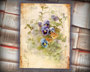 12 papers | Grunge Scrapbooking Paper with Narrow Pansy Garland Frame | Soft Faded Colors | Perfect for Junk Journals, Invitations