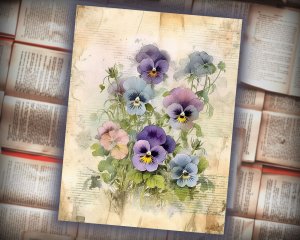 12 papers | Grunge Scrapbooking Paper with Narrow Pansy Garland Frame | Soft Faded Colors | Perfect for Junk Journals, Invitations