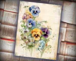 12 papers | Grunge Scrapbooking Paper with Narrow Pansy Garland Frame | Soft Faded Colors | Perfect for Junk Journals, Invitations