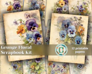 12 papers | Grunge Scrapbooking Paper with Narrow Pansy Garland Frame | Soft Faded Colors | Perfect for Junk Journals, Invitations