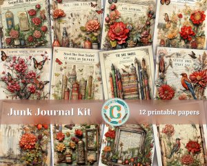 12 Papers | Lined Paper with Stamps Themed Junk Journal Background | Scrapbooking Kit | Printable Pages | Shabby Chic Ephemera