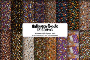 Halloween Seamless Repeat Pattern, Doodle Geometric Backgrounds, Printable Digital Paper, Spooky Halloween Clipart, Creepy Ghosts