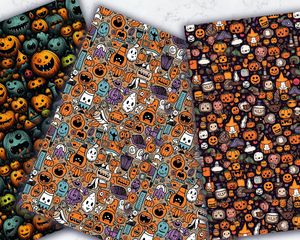 Halloween Seamless Repeat Pattern, Doodle Geometric Backgrounds, Printable Digital Paper, Spooky Halloween Clipart, Creepy Ghosts