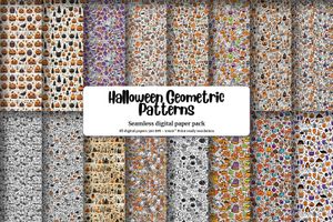 Halloween Doodle Geometric Backgrounds | Printable Digital Paper with Seamless Repeat Pattern | White Background | Spooky Halloween Theme