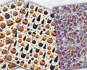 Halloween Doodle Geometric Backgrounds | Printable Digital Paper with Seamless Repeat Pattern | White Background | Spooky Halloween Theme