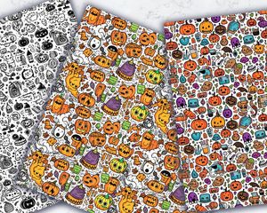 Halloween Doodle Geometric Backgrounds | Printable Digital Paper with Seamless Repeat Pattern | White Background | Spooky Halloween Theme