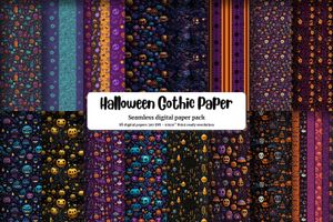 Halloween Themed Digital Paper with Seamless Texture, Empty Space, Vivid Colors, Cute Gothic Elements, Printable Pattern, Instant Download