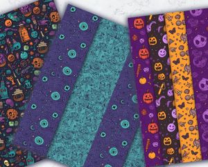 Halloween Themed Digital Paper with Seamless Texture, Empty Space, Vivid Colors, Cute Gothic Elements, Printable Pattern, Instant Download