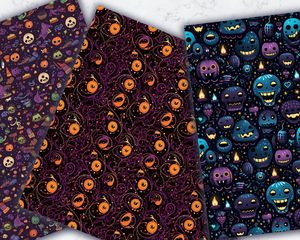 Halloween Themed Digital Paper with Seamless Texture, Empty Space, Vivid Colors, Cute Gothic Elements, Printable Pattern, Instant Download