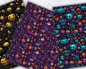 Halloween Themed Digital Paper with Seamless Texture, Empty Space, Vivid Colors, Cute Gothic Elements, Printable Pattern, Instant Download