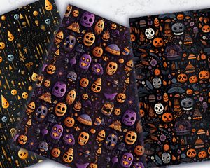 Halloween Themed Digital Paper with Seamless Texture, Empty Space, Vivid Colors, Cute Gothic Elements, Printable Pattern, Instant Download