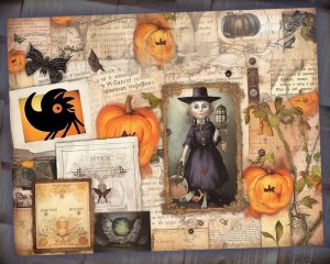 18 Papers | Halloween Themed Junk Journal Background | Fairy Tale Watercolor Illustration | Shabby Chic Ephemera | Scrapbooking Kit