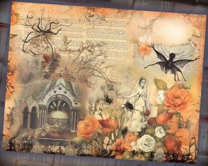 18 Papers | Halloween Themed Junk Journal Background | Fairy Tale Watercolor Illustration | Shabby Chic Ephemera | Scrapbooking Kit