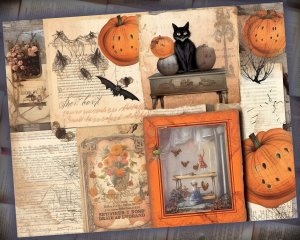 18 Papers | Halloween Themed Junk Journal Background | Fairy Tale Watercolor Illustration | Shabby Chic Ephemera | Scrapbooking Kit