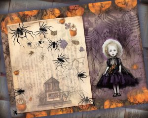 18 Papers | Halloween Themed Junk Journal Background | Fairy Tale Watercolor Illustration | Shabby Chic Ephemera | Scrapbooking Kit