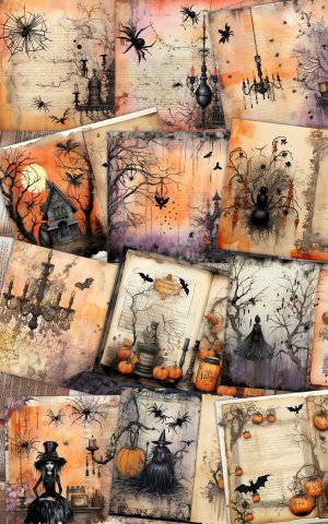 12 Papers | Halloween Themed Junk Journal Background with Intricate Details for Scrapbooking, Invitations, and Designs | Printable Pages