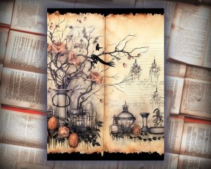 12 papers | Halloween Themed Junk Journal Background with Colorful Details and Cliparts | Shabby Chic Ephemera | Scrapbooking Kit