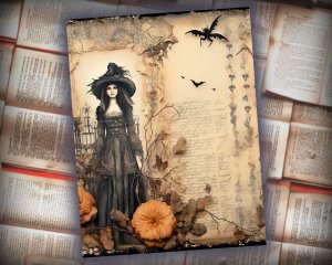 12 papers | Halloween Themed Junk Journal Background with Colorful Details and Cliparts | Shabby Chic Ephemera | Scrapbooking Kit