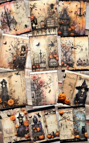 12 papers | Halloween Themed Junk Journal Background with Colorful Details and Cliparts | Shabby Chic Ephemera | Scrapbooking Kit