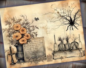 12 papers | Halloween Themed Junk Journal Printable Kit | Scrapbooking Background with Colorful Fairy Tale Watercolor Illustration