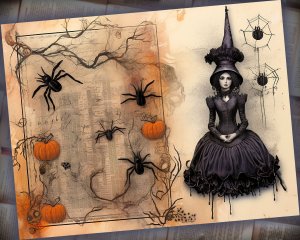 12 papers | Halloween Themed Junk Journal Printable Kit | Scrapbooking Background with Colorful Fairy Tale Watercolor Illustration