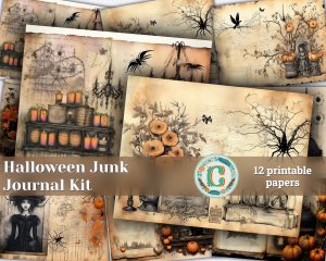 12 papers | Halloween Themed Junk Journal Printable Kit | Scrapbooking Background with Colorful Fairy Tale Watercolor Illustration