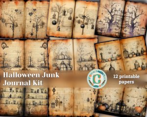 12 papers | Halloween Junk Journal Kit, Printable Pages, Shabby Chic Scrapbooking Papers, Intricate Fairy Tale Watercolor Illustration