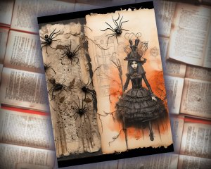 16 papers | Halloween Themed Junk Journal Background with Intricate Details & Fairy Tale Watercolor Illustrations | Scrapbooking Kit