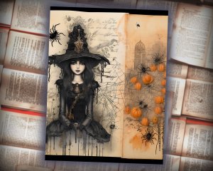 16 papers | Halloween Themed Junk Journal Background with Intricate Details & Fairy Tale Watercolor Illustrations | Scrapbooking Kit